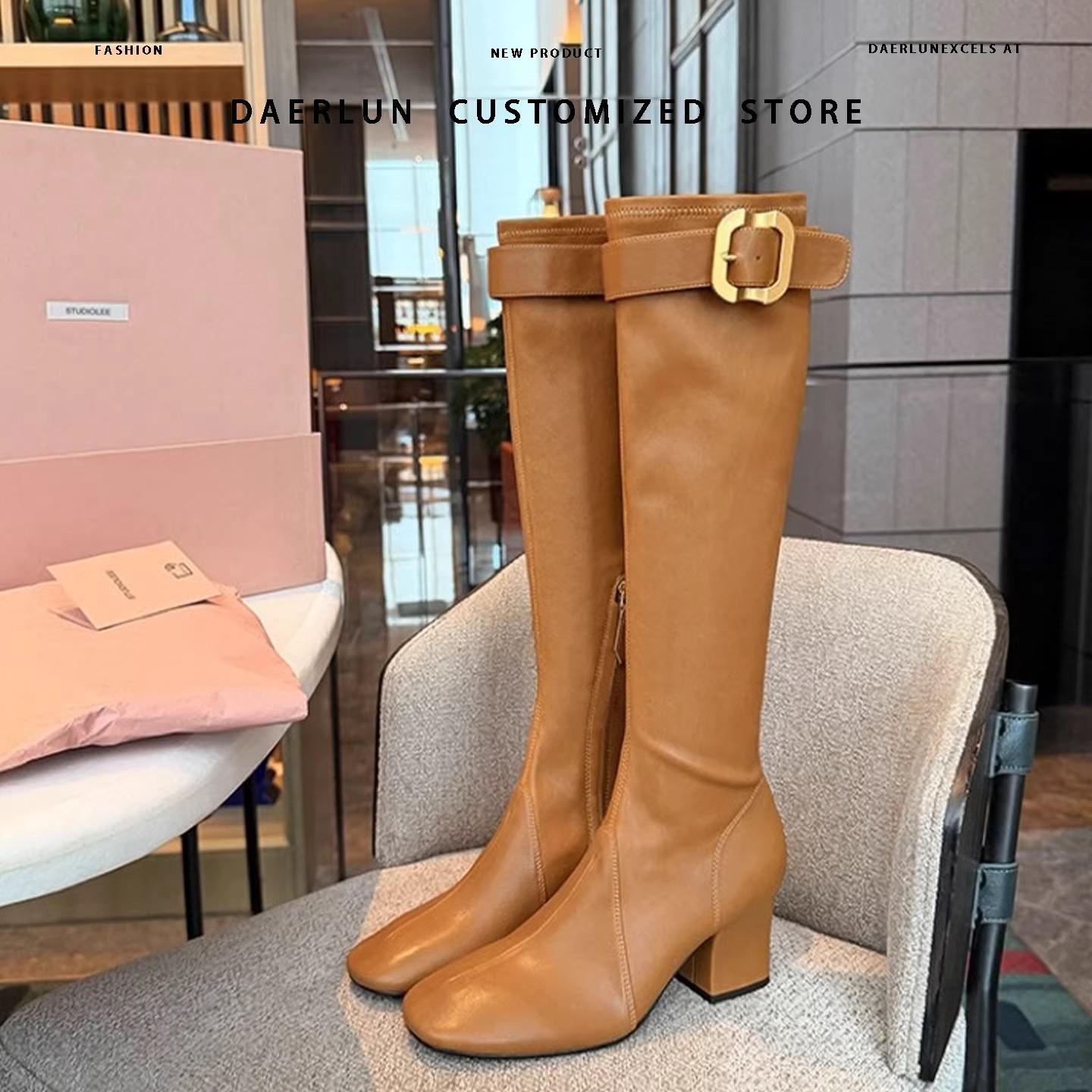 

Boots Women s Square Head Thick Heel High Boots Belt Buckle Over Knee Caramel Elastic Boots 35