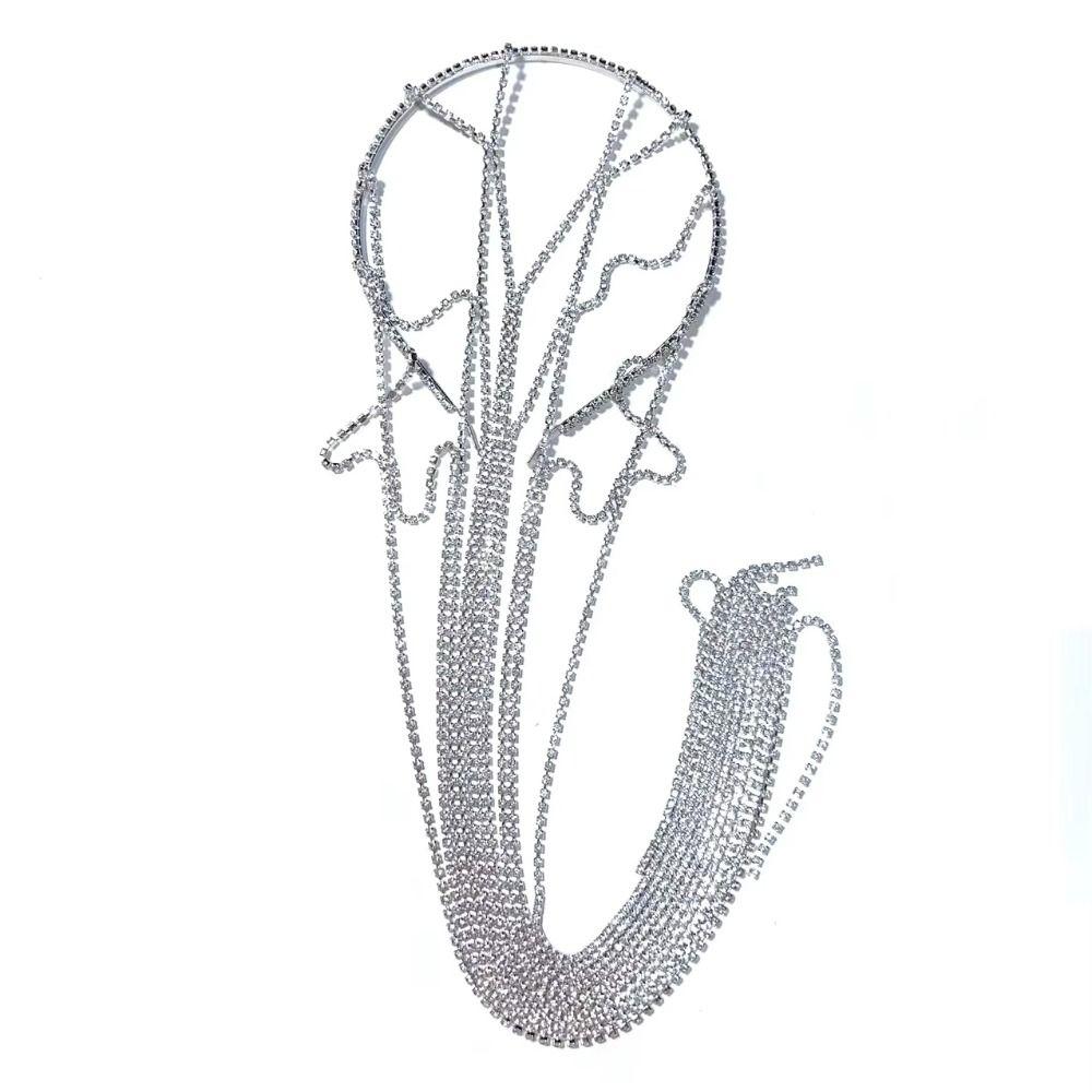 Long Chain Tassel Headdress Rhinestone Inlaid Bridal Headpiece Mesh Headband  Hair Accessories