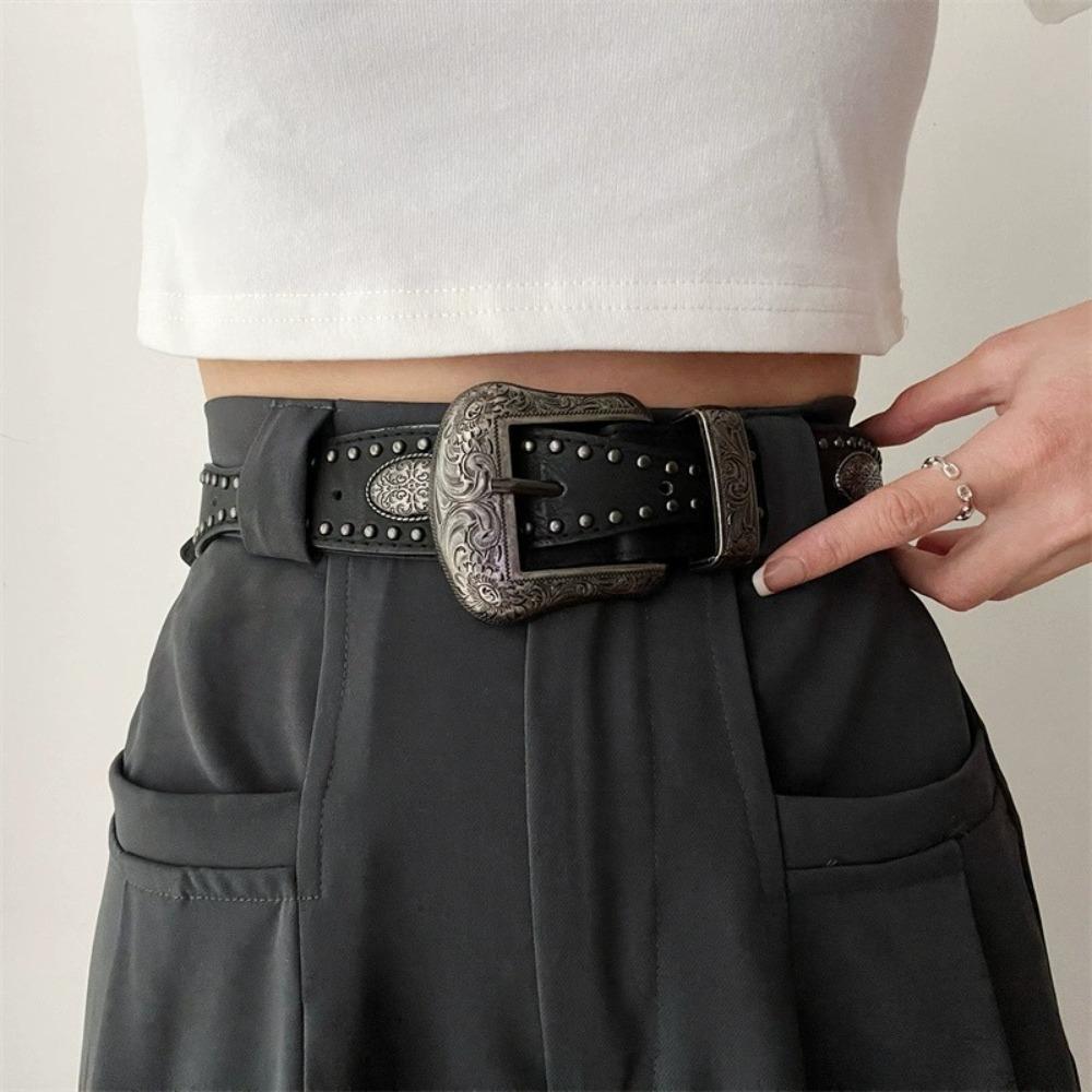 Cool Black Rivet Belt Wide Coffee Y2K Belt Jeans Decor PU Vintage Waistband  Gift