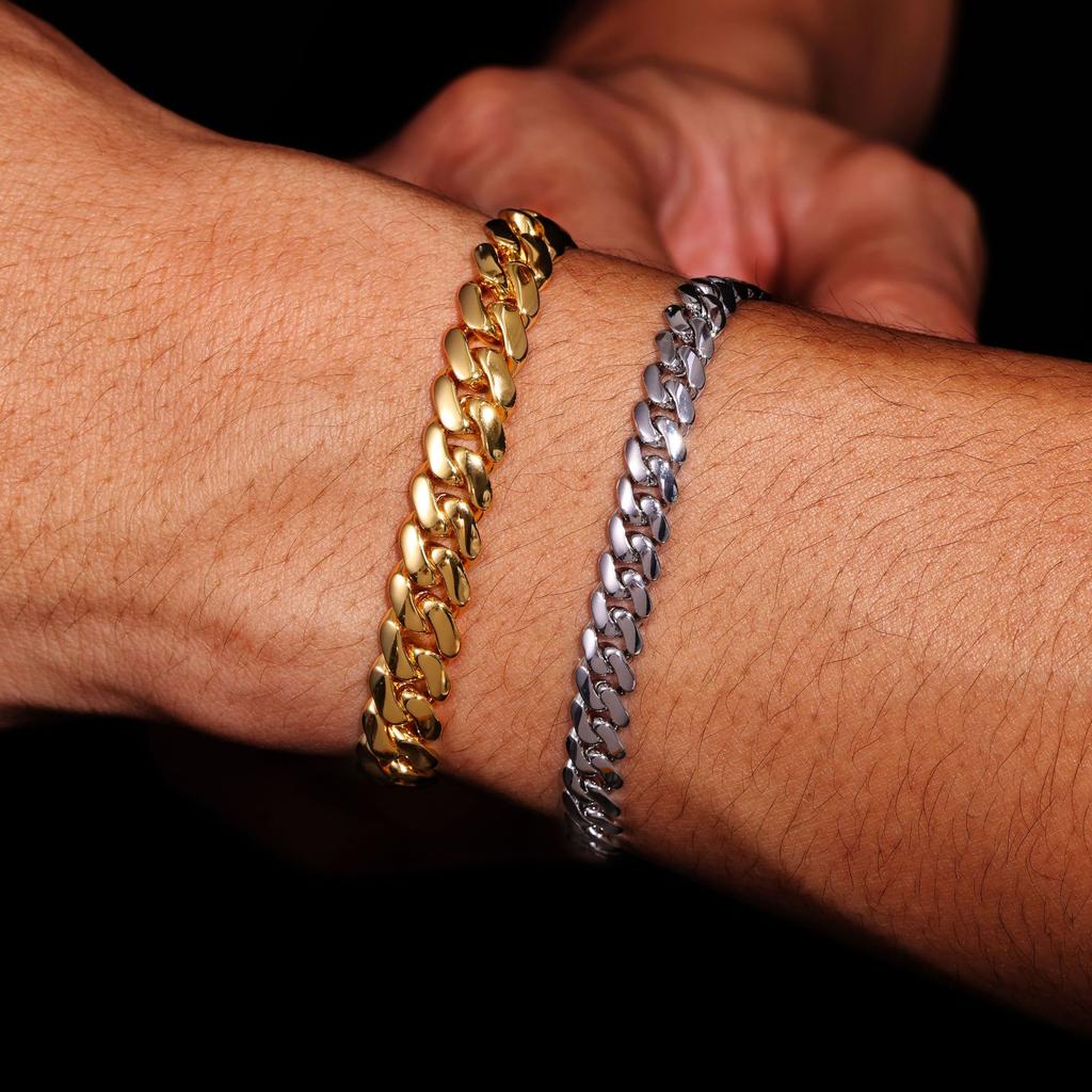 8mm Brass Zircon Real Gold-Plated Hip-Hop Smooth Cuban Chain Trendy Personalized Unisex Bracelet Jewelry Cross-Border Europe