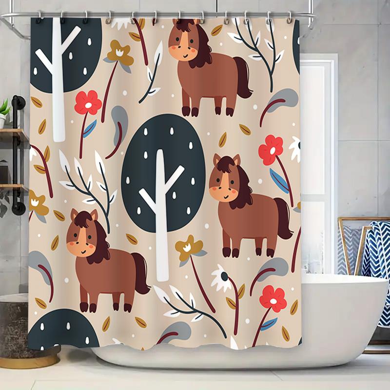 

Charming Animal Print Shower Curtain For Bath Decor: Autumn Horse Design With Leaves And Flowers Neutral Color Bathroom Accessor W60H190(CM)-1 Pcs