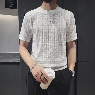 Men's Trendy Harajuku Summer Ice Silk Hollow Round Neck T-Shirt - Short-Sleeved Solid Color Fashion Top