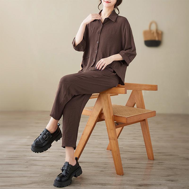 

Summer Loose Long-sleeved Shirt Suit Ladies s Chic TemperaMant Simple Straight-leg Trousers Two-piece Suit XXL кофейный