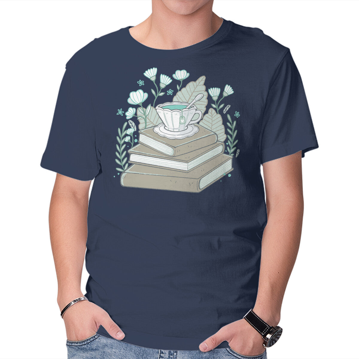 Unisex Crew Neck T-Shirt Books And Tea Graphic Short Sleeve Casual Tee XXXXL