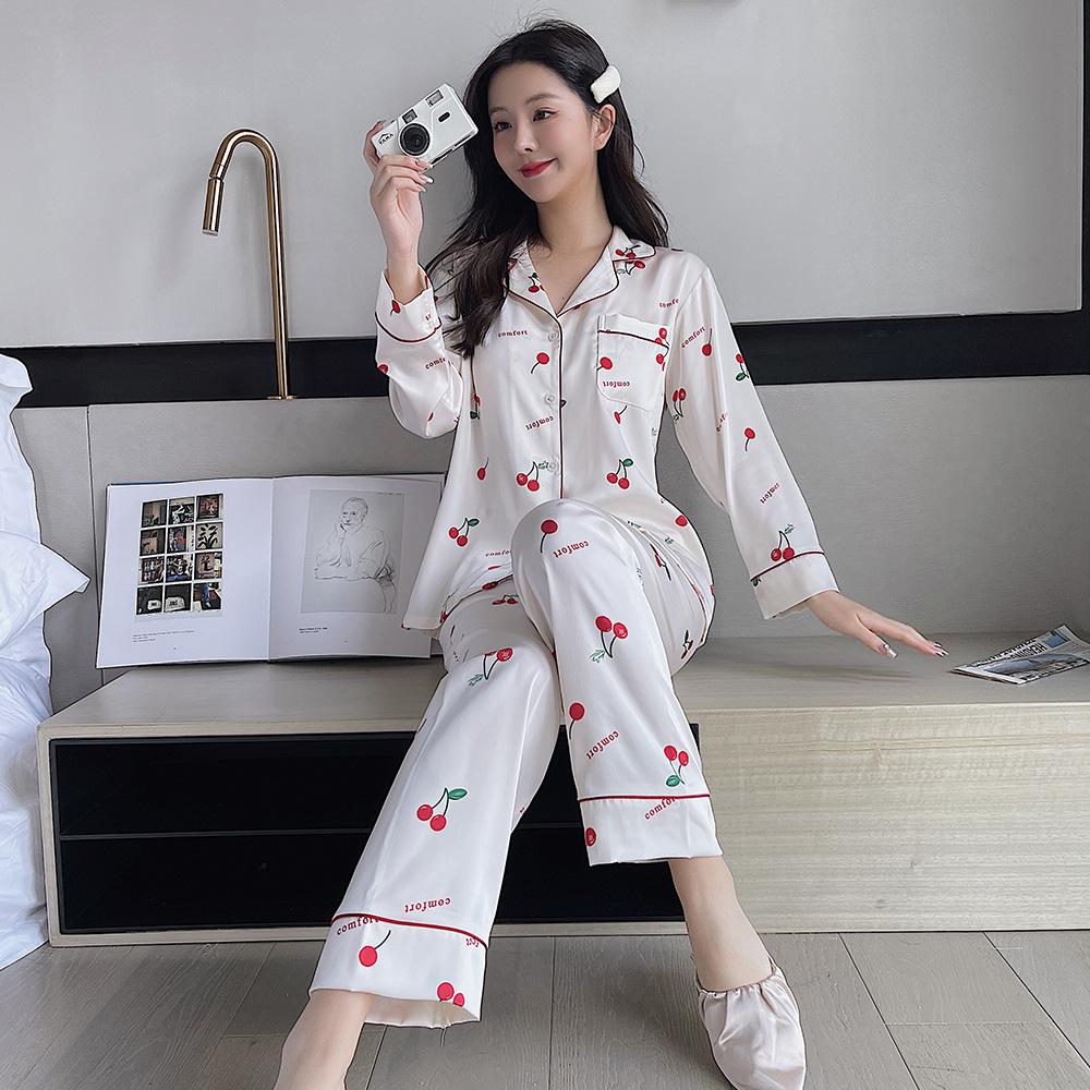 Factory goods 1011 autumn new pajamas women's ice silk a Douyin Internet celebrity printed cherry loungewear