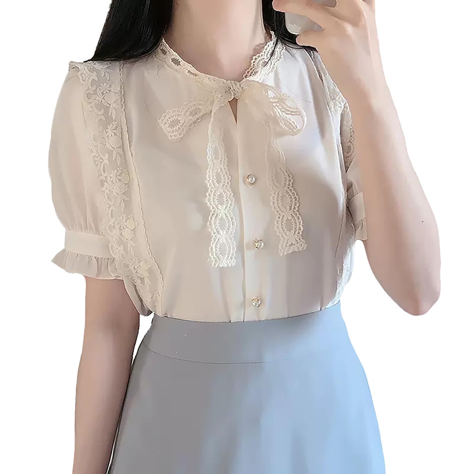 

Кружевная блузка с галстуком-бабочкой для коротких девушек M [XHSUKADO] Женская, Рукав, С оборками, Лента, Женская блузка, Стильная, Массовое производство, Французский, Стиль, Рубашка, белый