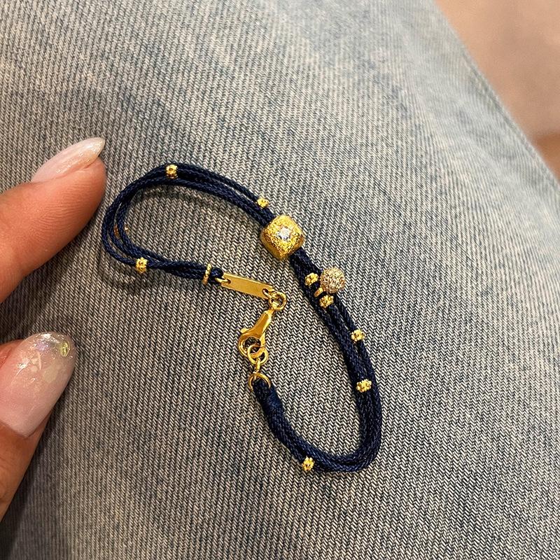 

Fashion inlay diamonds square navy blue woven punched texture bracelet multi-layered ethnic style charm bracelets party золотий