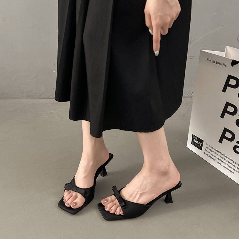 With Skirt Cool Slippers Fairy Shoes 2025 Summer New Bow One-word High Heels High Heels Cool Slippers Woman