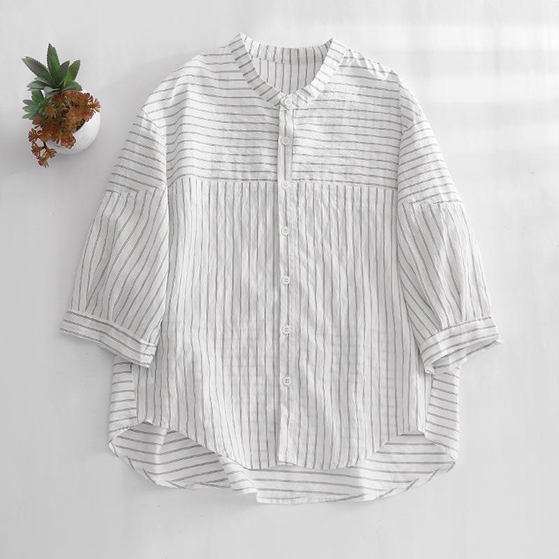 Striped Shirt Color Round Neck Casual Versatile Loose Slimming Summer Shirt Cardigan for Women