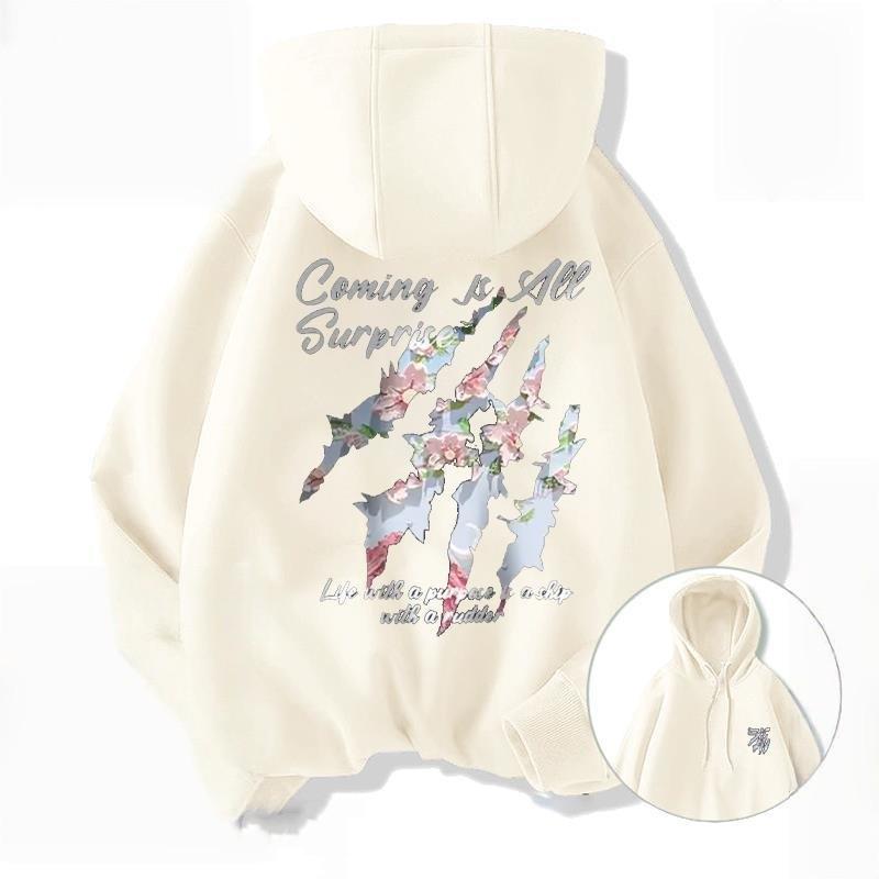 Unisex American Sakura Graffiti Fleece Hoodie for Spring/Autumn, Heavyweight Casual Wear for Teens, Students, Couples