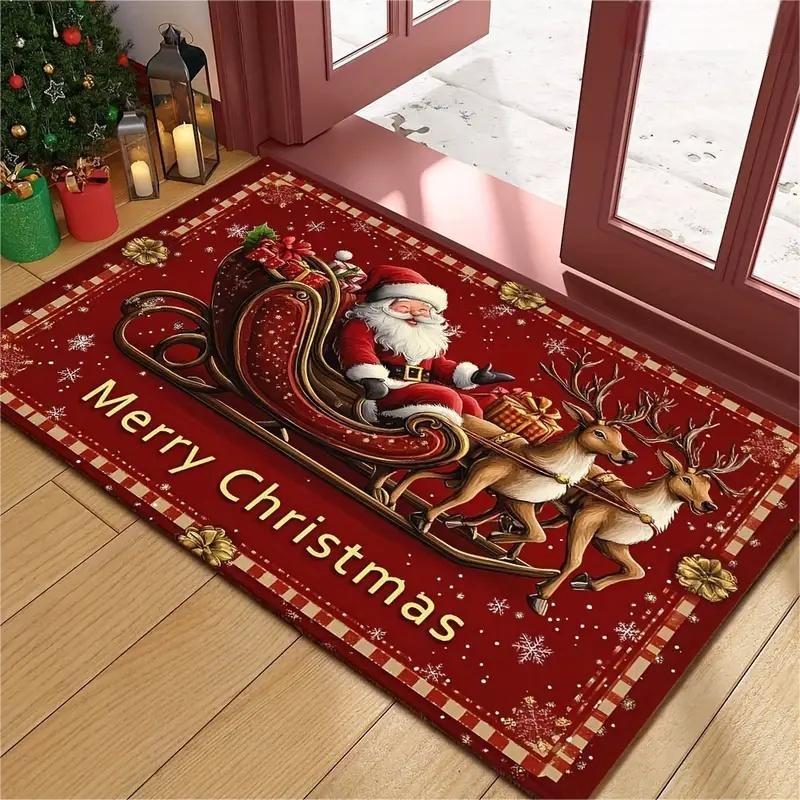 Christmas Santa Sleigh Carpet Rug "Merry Christmas" Mat Holly Berries Bell Decoration Mat for Home Decoration Festive Floor Rug