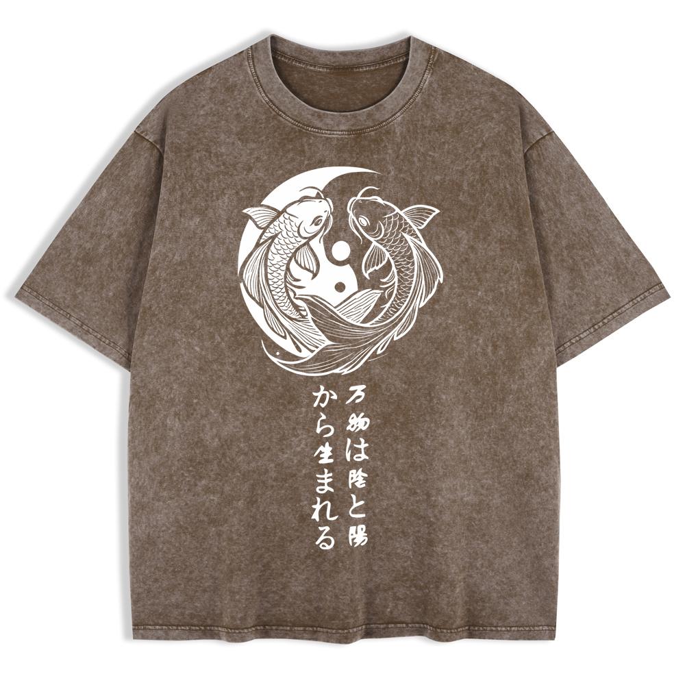 Japanese Koi Harajuku Printed Washed T-Shirts Mens Cotton Oversize T Shirt Summer O-Neck Short Sleeve Tops Clothes
