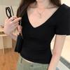 Fashion Short Sleeve V-neck Backless Sexy Women's T-shirt Summer Slim Fit Casual White Tee Tops Office Lady Solid Elegant Woman Knitted T Shirts 24982