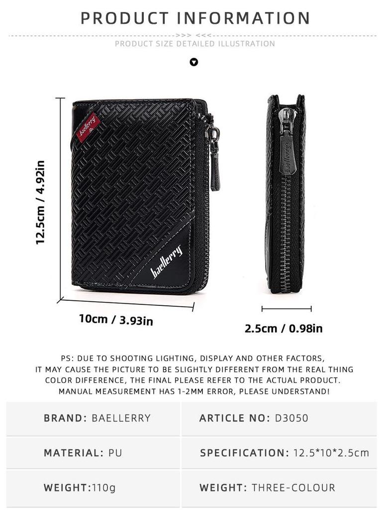 Baellerry Men's Short Zipper Wallet - Anti-Theft, Anti-Demagnetization, Credit Card & Money Clip