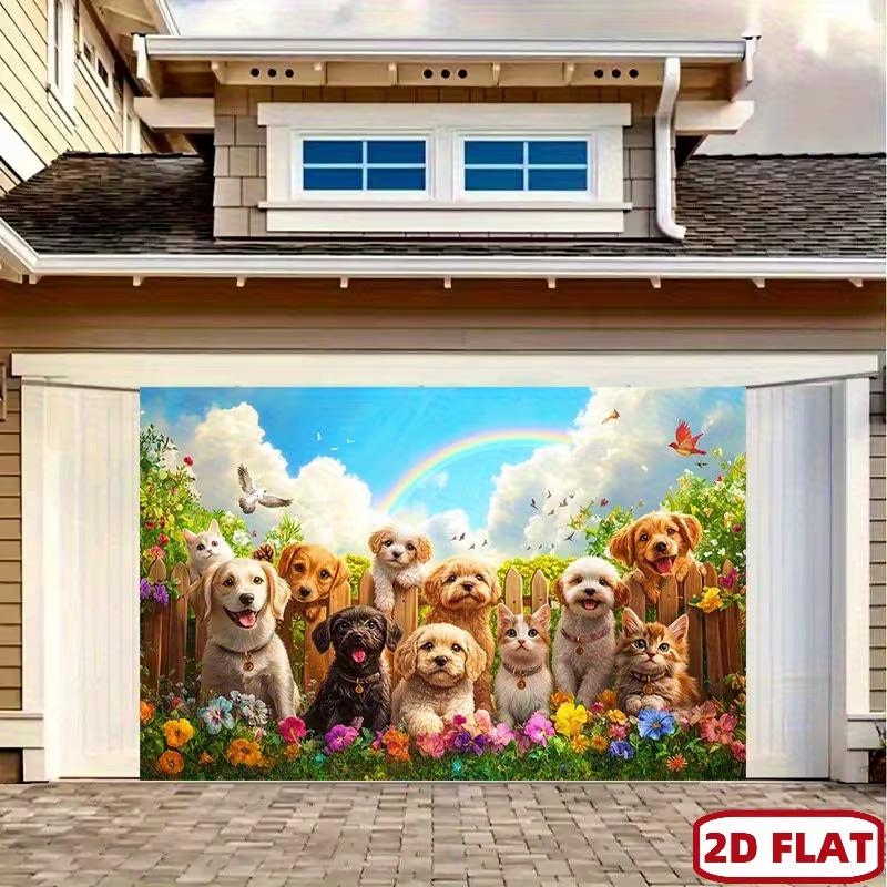 2D Adorable Dogs and Cats Party Tapestry Colorful Garden with Blooms and Rainbow Art Print