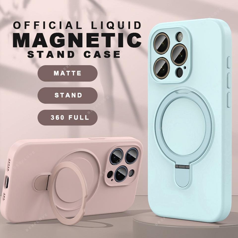 Magnetic Liduid Silicone Stand Phone Case For iPhone 15 14 16 Plus 11 12 13 16 Pro Max Magsafe Ring Holder Protector Soft Cover