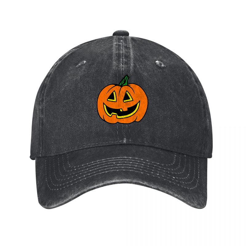 Halloween Pumpkin Embroidered Washed Canvas Baseball Cap Classic Adjustable Hat for Unisex and Women Spooky Season Style