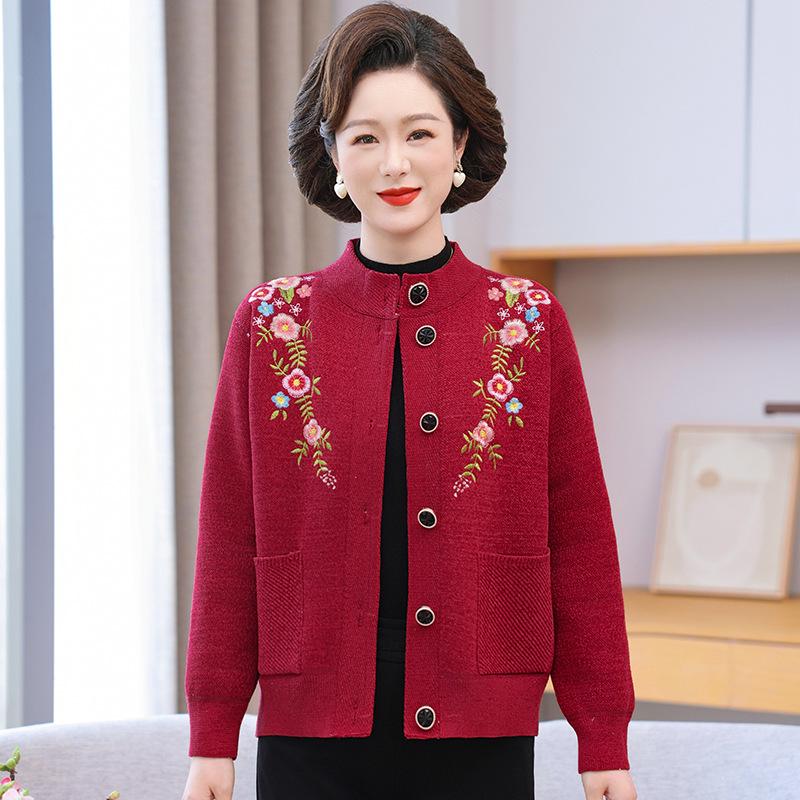 Autumn and Winter Knitwear: Fleece-Lined Cardigan for Middle-Aged and Elderly Women, Featuring Grandma Sweater and Mom's Outfit Styles.