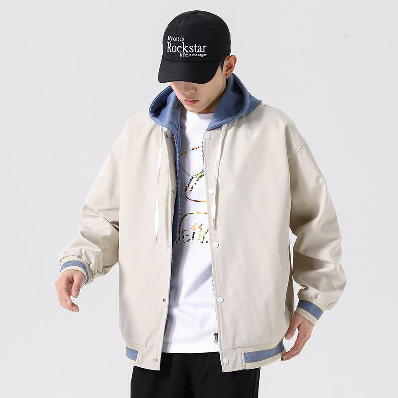 Spring and autumn new style fake two-piece contrasting hooded baseball uniform outer fashionable jacket for men and teenagers