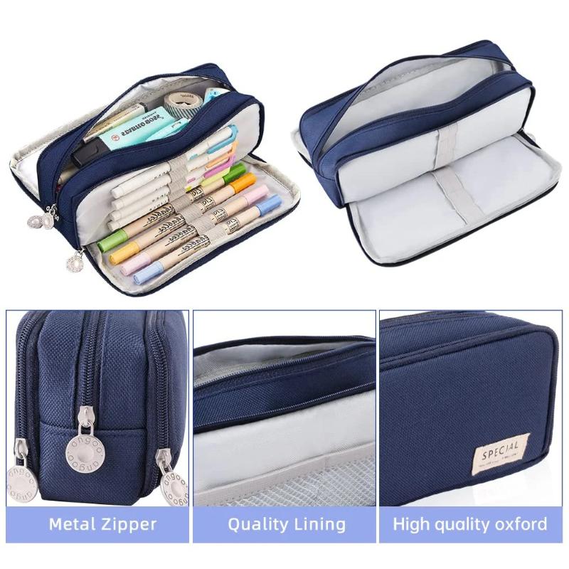 Pencil Case Large Capacity Storage Bag 3 Compartment Pouch Double Side Opened Student Stationery Box Desk Organizer Stain Resistant Stationery Bags