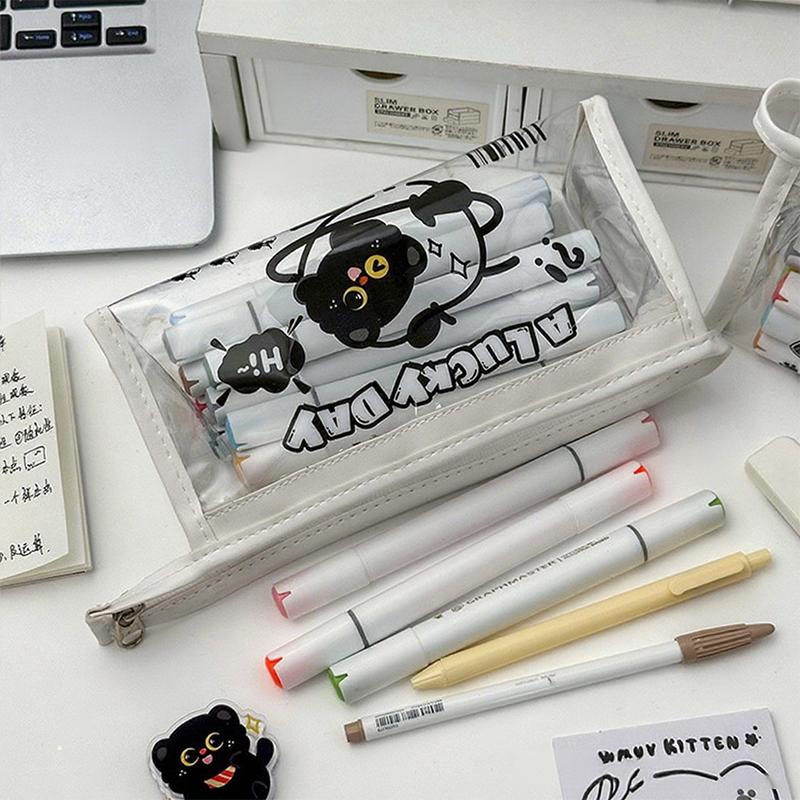1 Piece Large Capacity Pen Box Black Cat Pvc Cover Transparent Pencil Case Ladies Cosmetic Bag Students Stationery