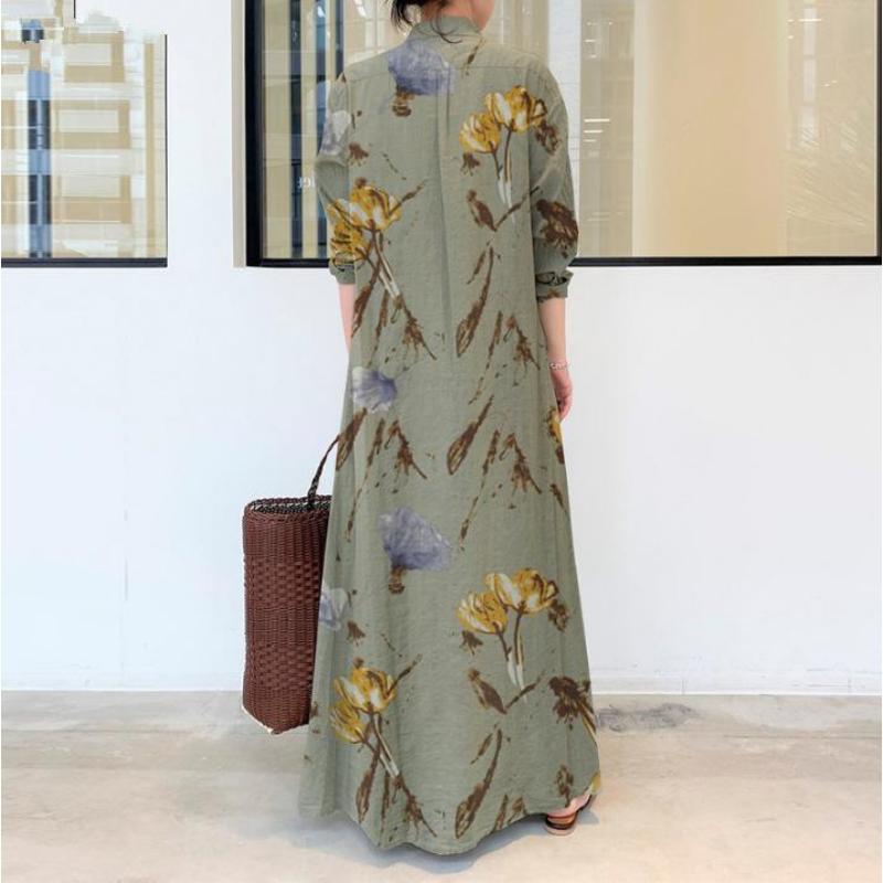 2025 New Cotton Linen Floral Collared Long Sleeve Pocketed Loose Casual Long Cardigan Dress with Flared Skirt Twist Color Lapel Pocket Simple