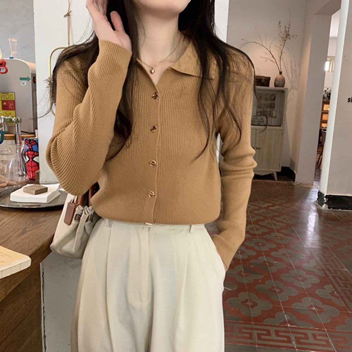 

2025 autumn new polo neck sweater button-up high-end design long-sleeved knitted cardigan One Size
