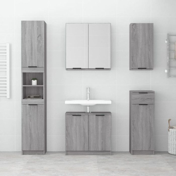 Armoire de Bain - SONOMA - 32x34x188,5 cm - Bois d'ingénierie - Couleur gris - Montage facile