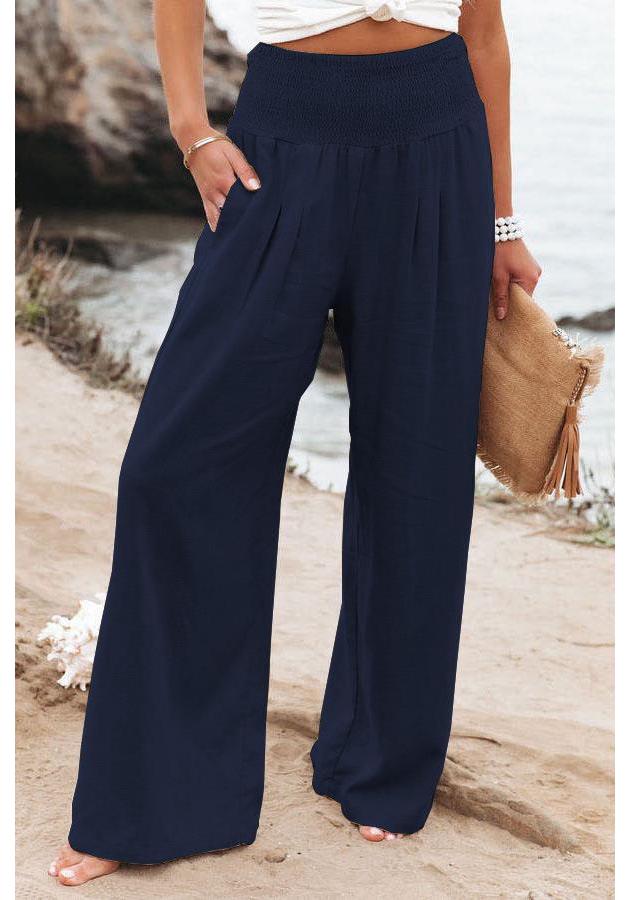 Women's Spring/Summer 2025 Cotton Linen Wide-Leg Pants - Solid Color, Elastic Waist, Casual Long Fit