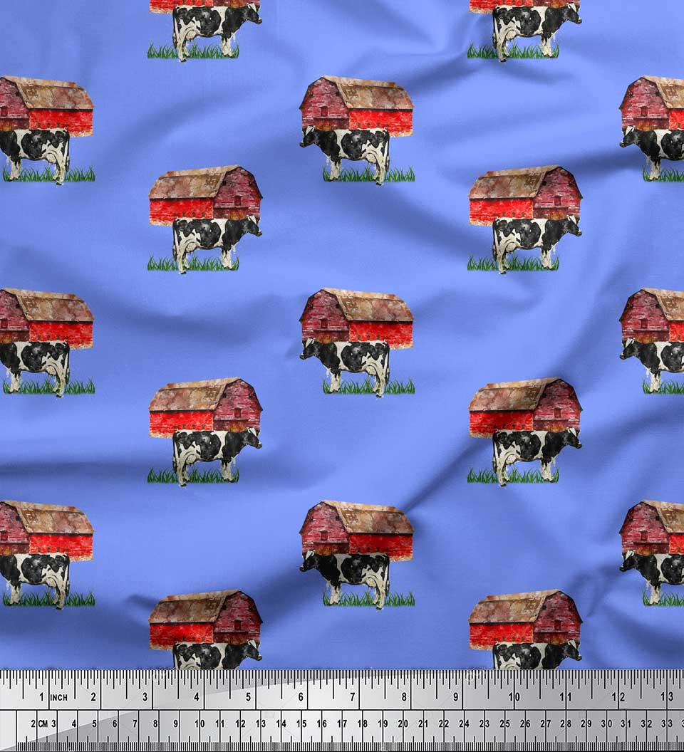 

Тканина Soimoi Blue Poly Crepe Fabric Barn & Cow Farm Print Тканина на метри 42 дюйма 42 Inch Wide - Poly Crepe синій