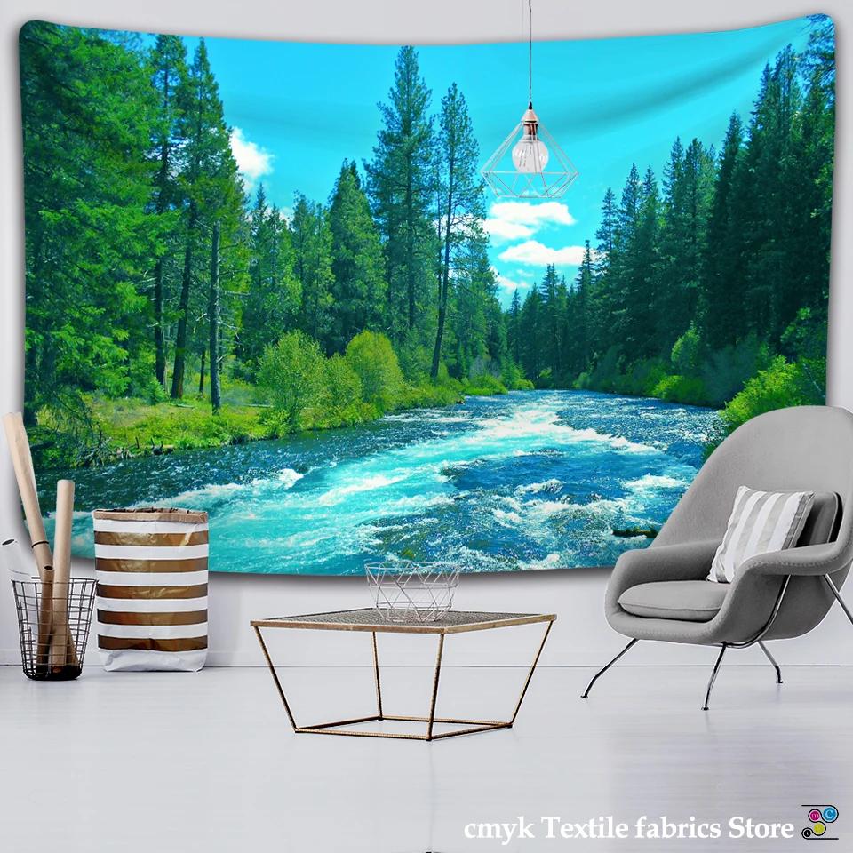 Forest River Wall Tapestry - Nature Landscape HD Print, Calming Waterfall Scene for Bedroom & Living Room Decor