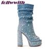 Fashion Bling Rivet Decoration Denim Square Heel Peep Toe Pumps Platform Super High Fashion Modern 2025 Hot Sale New Arrival Shoes