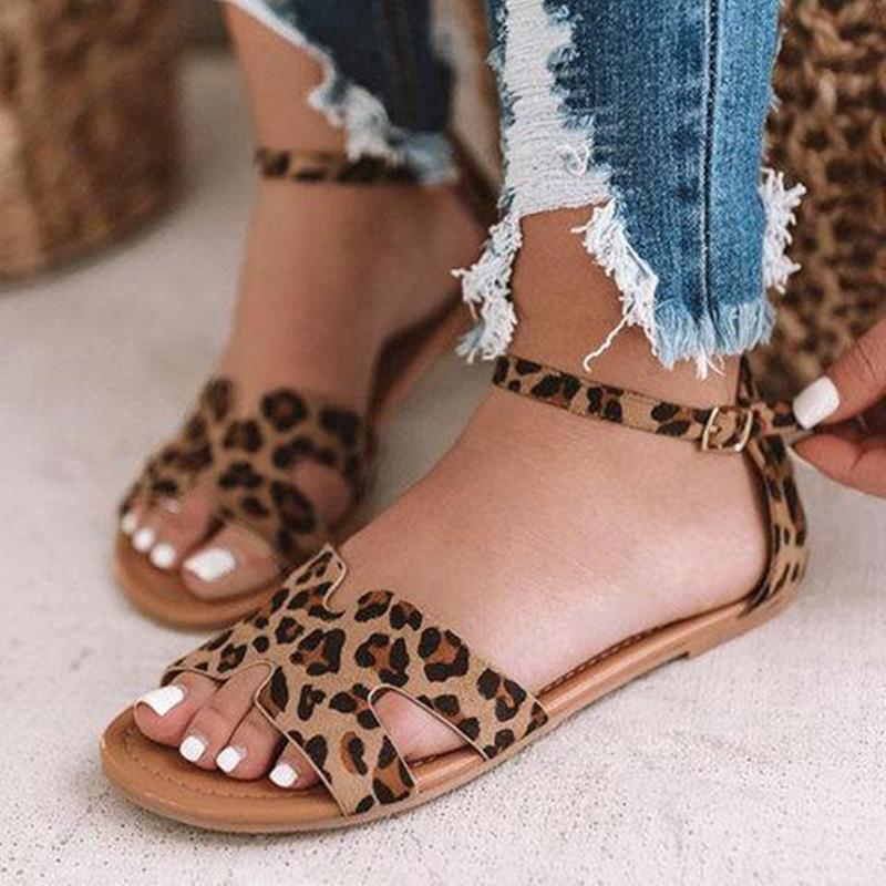 Summer 2021 Plus Size Leopard Print Flat Sandals with Back Strap 35