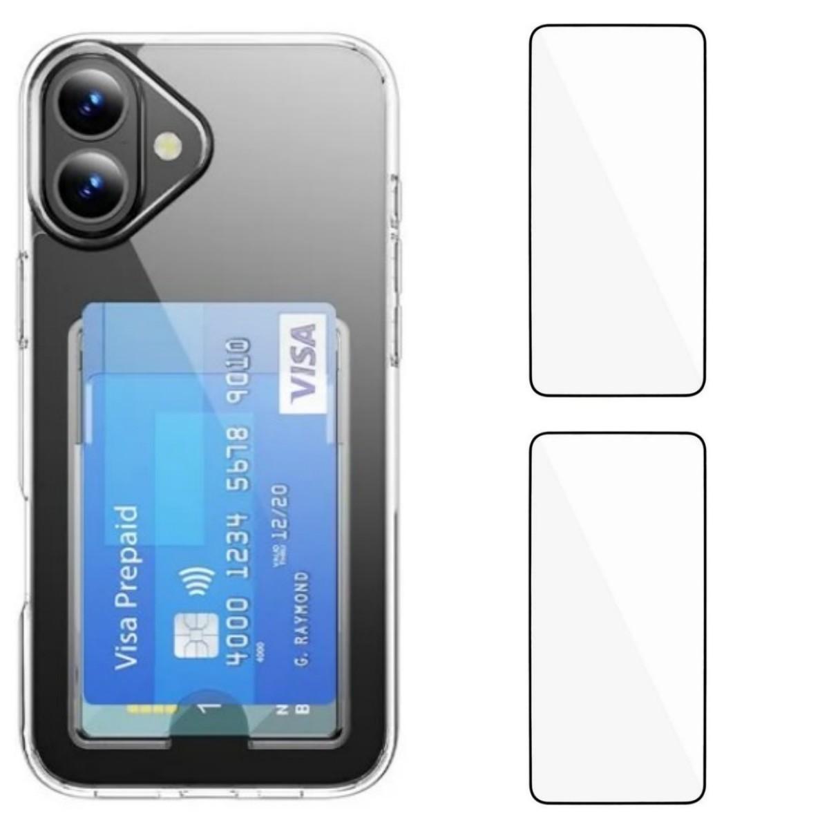 

For iPhone 16 Clear Phone Case with 2Pcs Screen Film WANLONFENG CK1 Series Card Holder Cover (Big Lens Hole) Transparent