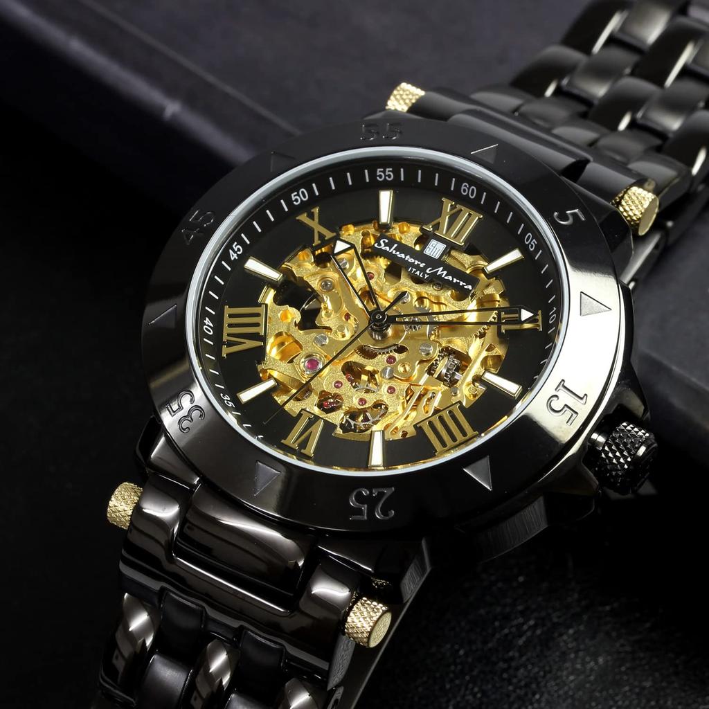 Salvatore Marra Automatic Skeleton Black and for Business and Formal Wear Men's Watch, Gold, SM19111SS-BKBKGD,