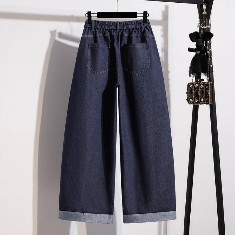 DIMANAF 2026 Autumn New Plus Size Women Waist Elastic Wide Leg Denim Long Pants Casual Loose Trousers