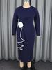 Navy Blue Plus Size Slim Fit Dress with 3D Floral Design and Contrast Trim