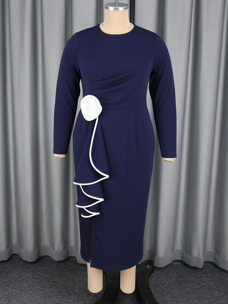Navy Blue Plus Size Slim Fit Dress with 3D Floral Design and Contrast Trim