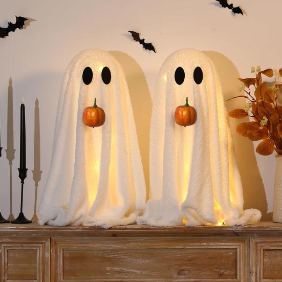 Halloween Lighted White Ghost Spooky LED Light-Up Velvet Cloth Ghost with Pumpkin for Holiday Home Kitchen Fireplace Tabletop Decor