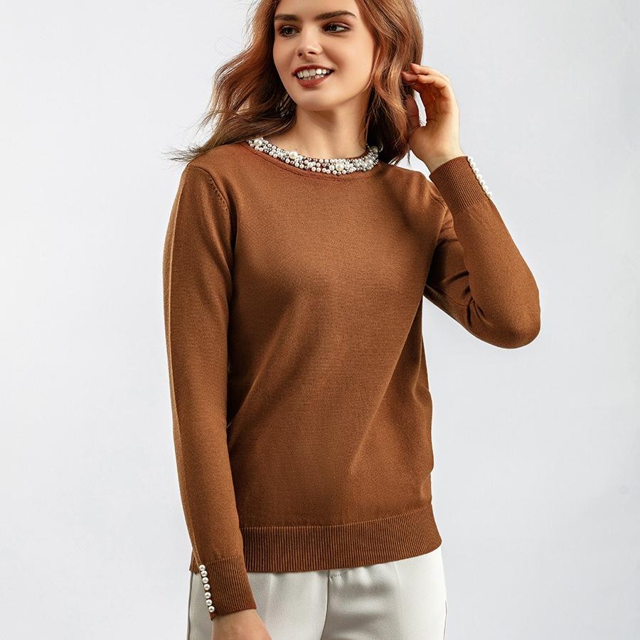 Autumn Winter Women's Crew Neck Beaded Pullover Sweater Long Sleeve Loose Solid Color Stretchy Knit Sweater