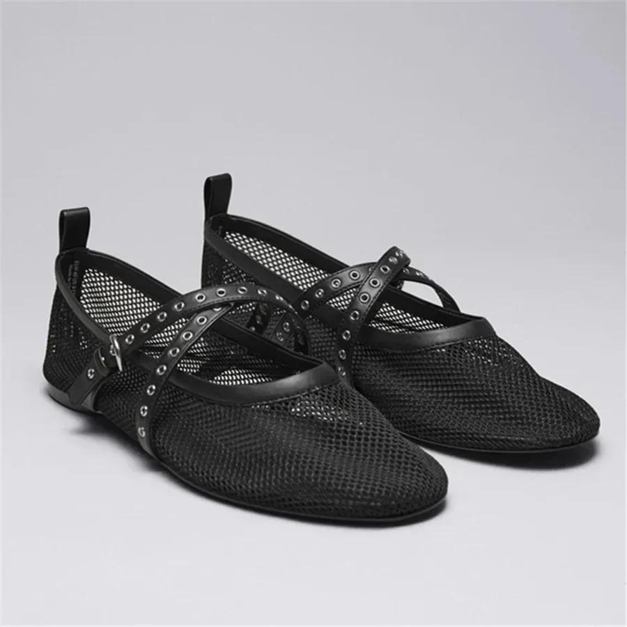 

Fashion Designer Mesh Ballet Flats Women 2025 Fashion Leather Buckle Strap Hollow Flats Summer Light Comfort Beach Sandals Mules Loafers 41 чёрный