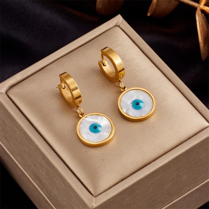 Gold Plated Stainless Steel Evil Eye Mother of Pearl Hoop Earrings for Women