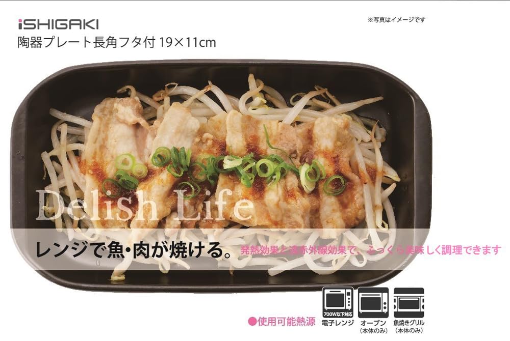 Ishigaki Delish Life Microwave Grilling Ceramic Plate for Meat and Fish, with Rectangular Lid, 19 X 11 Cm, 4577