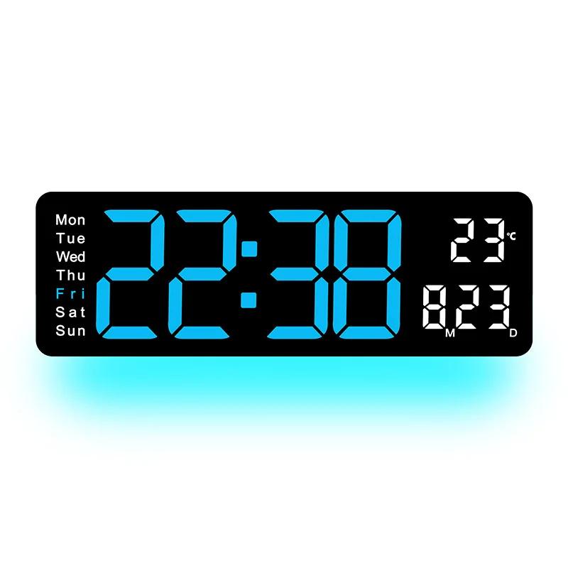 Rectangle Large Screen Digital Wall Clock with Atmosphere Light Date Time Week Temperature Display Electronic Alarm Clocks