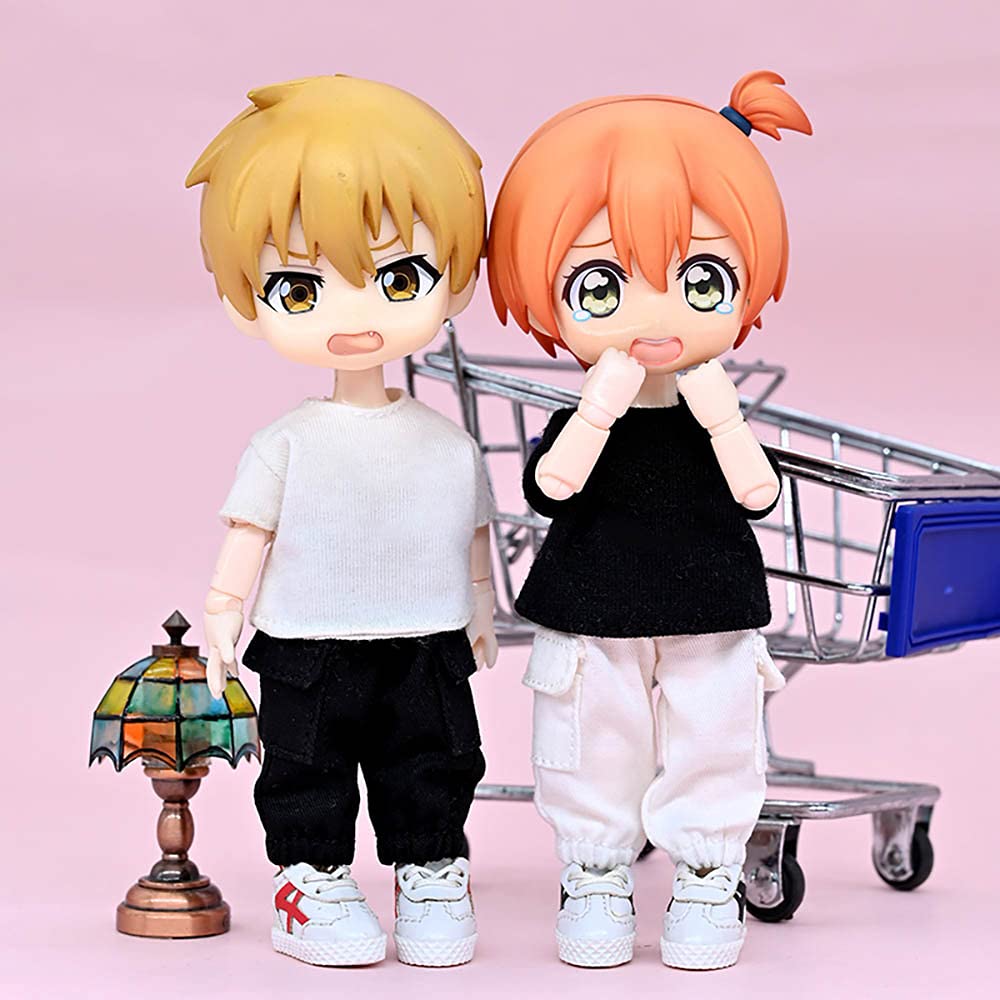 Niannyyhouse OB11 Size Obitsu Doll for 11cm Body Pants Set Plain Doll Clothes Overalls Doll Clothes T-shirt + 2-piece T-shirt 1/12BJD (black+white)