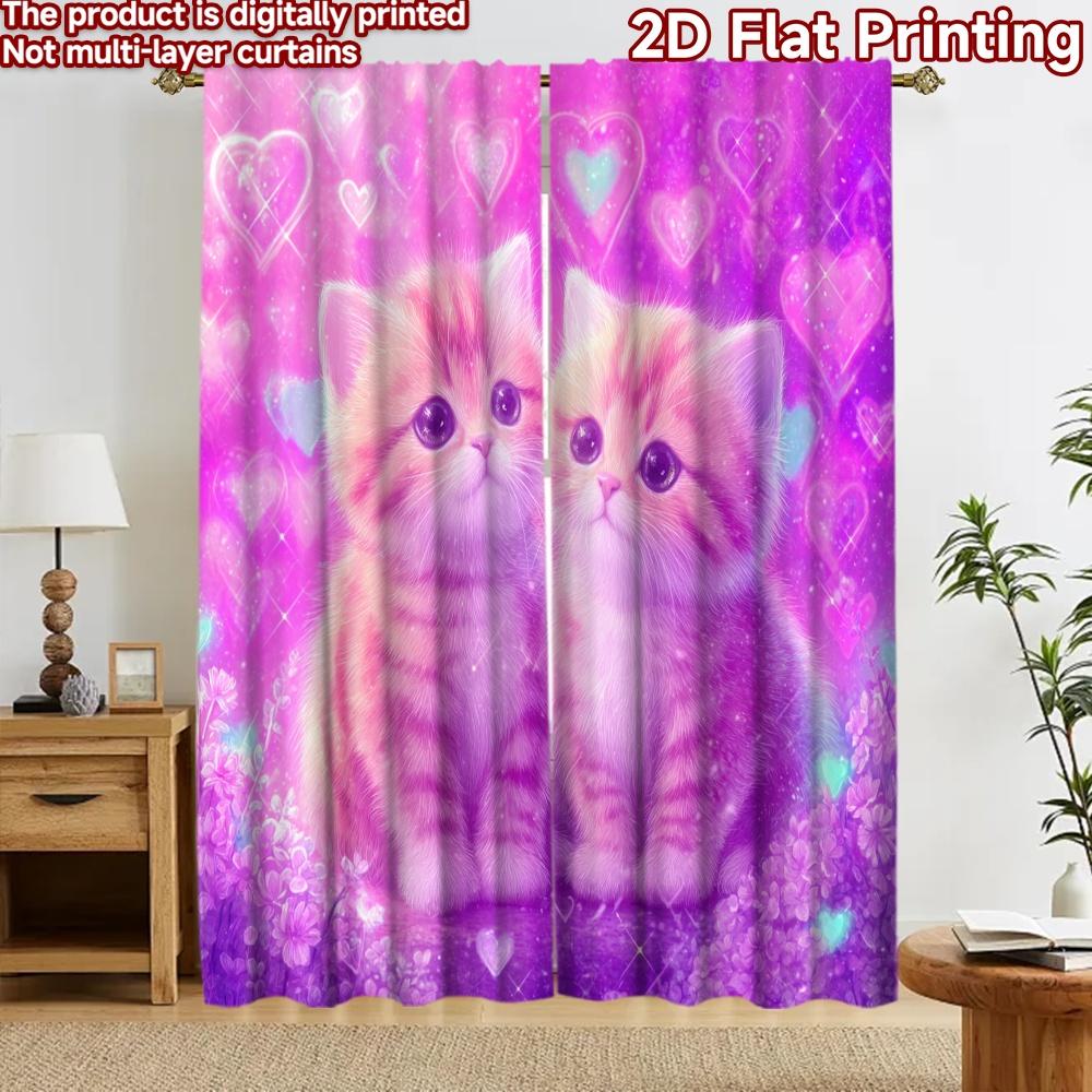 2D flat printing 2pcs Curtain Drapes Valentine Cute Kittens Digital Printed Polyester Drapes Family Party for Festive for