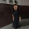Elegant Slim Fit Long Sleeve Sexy Backless Dress Women Summer Slit Casual High Waist Black Long Dresses Women Fashion Stand Collar Party Dress 26443