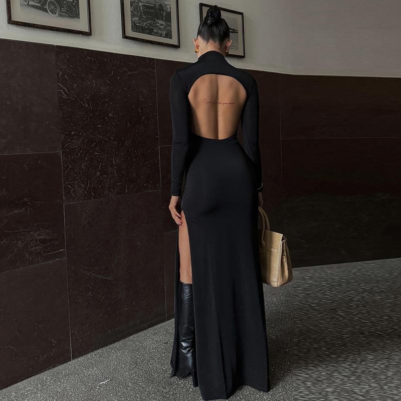 Elegant Slim Fit Long Sleeve Sexy Backless Dress Women Summer Slit Casual High Waist Black Long Dresses Women Fashion Stand Collar Party Dress 26443