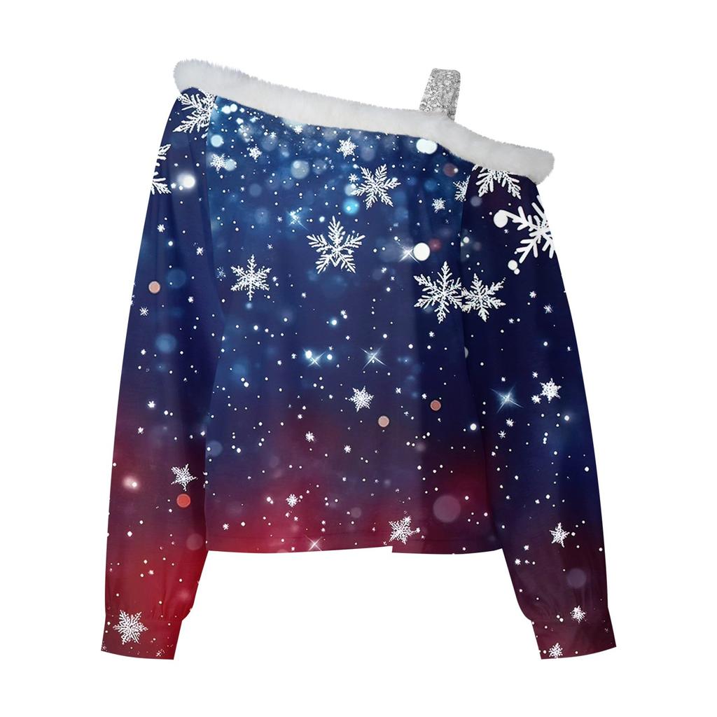 Langarmshirts für Damen, modischer, lockerer Pullover mit Weihnachtsdruck und schulterfreiem Schnitt für Damen