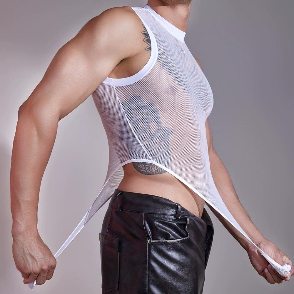 Men'S Open Crotch Sleeveless Bodysuit Tops Sexy Mesh Sheer See Through Shaping Wear Tights U Pouch Bulge Muscle Show Oneises